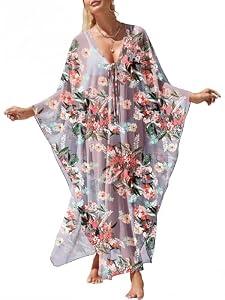 ANRABESS Women Kaftan Moo Moos Dresses Floral Batwing Sleeve V Neck Beach Swimsuit Cover Up Caftan Maxi Dress Red Flowers Green Leaves X-Large