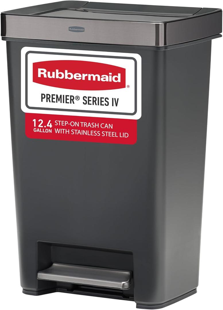 Rubbermaid Premier Series IV Step-On Trash Can for Home and Kitchen, 12.4 Gallon, Stainless Steel Lid Charcoal, for Home/Kitchen/Garage/Apartment/Office