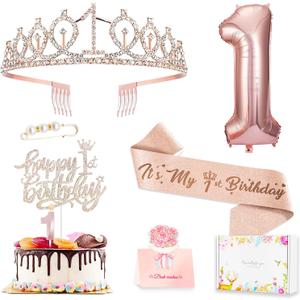 Awfrky 1st Birthday Decorations for Baby Girls, Including 1 year old Birthday Cake Topper, Queen Sash with Pearl Pin, Sweet Rhinestone Tiara Crown, Number Candles and Balloons