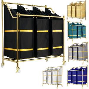 LUXURY STYLE Laundry Hamper, 3-Section Rolling Laundry Sorter Cart with Wheels, Modern Golden Hamper with 3 Bags for Clothes, Toys, and Towels, 85*73*38