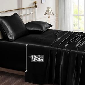 Vonty Satin Sheets Extra Deep Pocket King Size Sheets - Cooling & Silky Satin King Sheets Set with 18-24 Inch Deep Pocket, Black Satin Bed Sheets Fit Up to 24" Deep Matress - 4 Piece