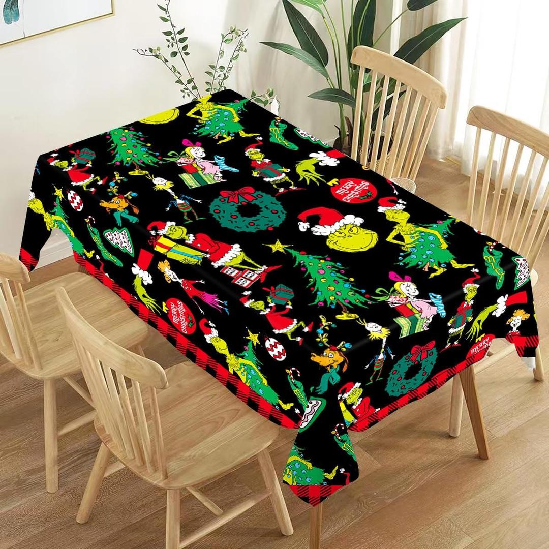 Christmas Tablecloth Xmas Green Elf Winter Birthday Party Decoration Holiday Home Kitchen Dining Room Rectangular Table Decor (60''84'') (Black)
