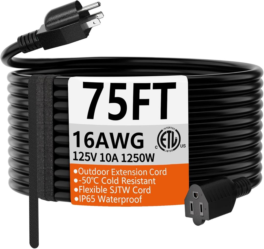 HUANCHAIN 75 FT 16 Gauge Black Indoor Outdoor Extension Cord Waterproof, Flexible Cold Weather 3 Prong Electric Cord Outside, 10A 1250W 125V 16AWG SJTW, ETL Listed