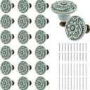 20Pcs Green Ceramic knobs, Kitchen Cabinet Knobs, Retro Dresser Knobs, Drawer Knobs, Furniture Decorative Knobs and Pulls for Drawer, Dressers, Cupboard, Closet, 34mm / 1.3Inch Diameter