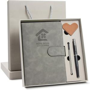 Leather Notebook Gift Set - A5 Hardcover Journal with Pen & 6 Heart Bookmarks, Gift Box (Gray)