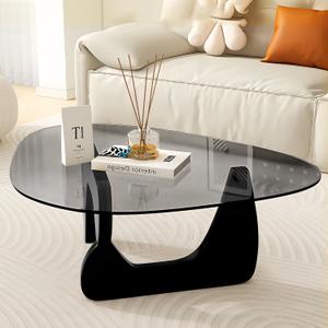 Black Glass Coffee Table for Living Room, Mid Century Modern Coffee Table with Tempered Glass Top and Solid Wood Base, Farmhouse Center Table for Small Space, Tea Tables (35.5D27.5W15.8H)