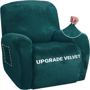 ZNSAYOTX Stretch Velvet Recliner Cover 4-Pieces, Thick Soft Recliner Chair Slipcover with Pocket, Non-Slip Elastic Bottom for Kids Pet, Luxury Plush Reclining Protector Comfy Washable (Blackish Green) (Large)
