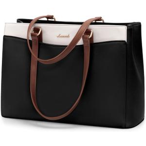 LOVEVOOK Laptop Tote Bag for Women, Work Bags Teacher Tote Bag, Waterproof Leather Computer Bag, Business Laptop Purse Office Handbag Professional Briefcase, Black-Beige-Brown, 15.6 Inch