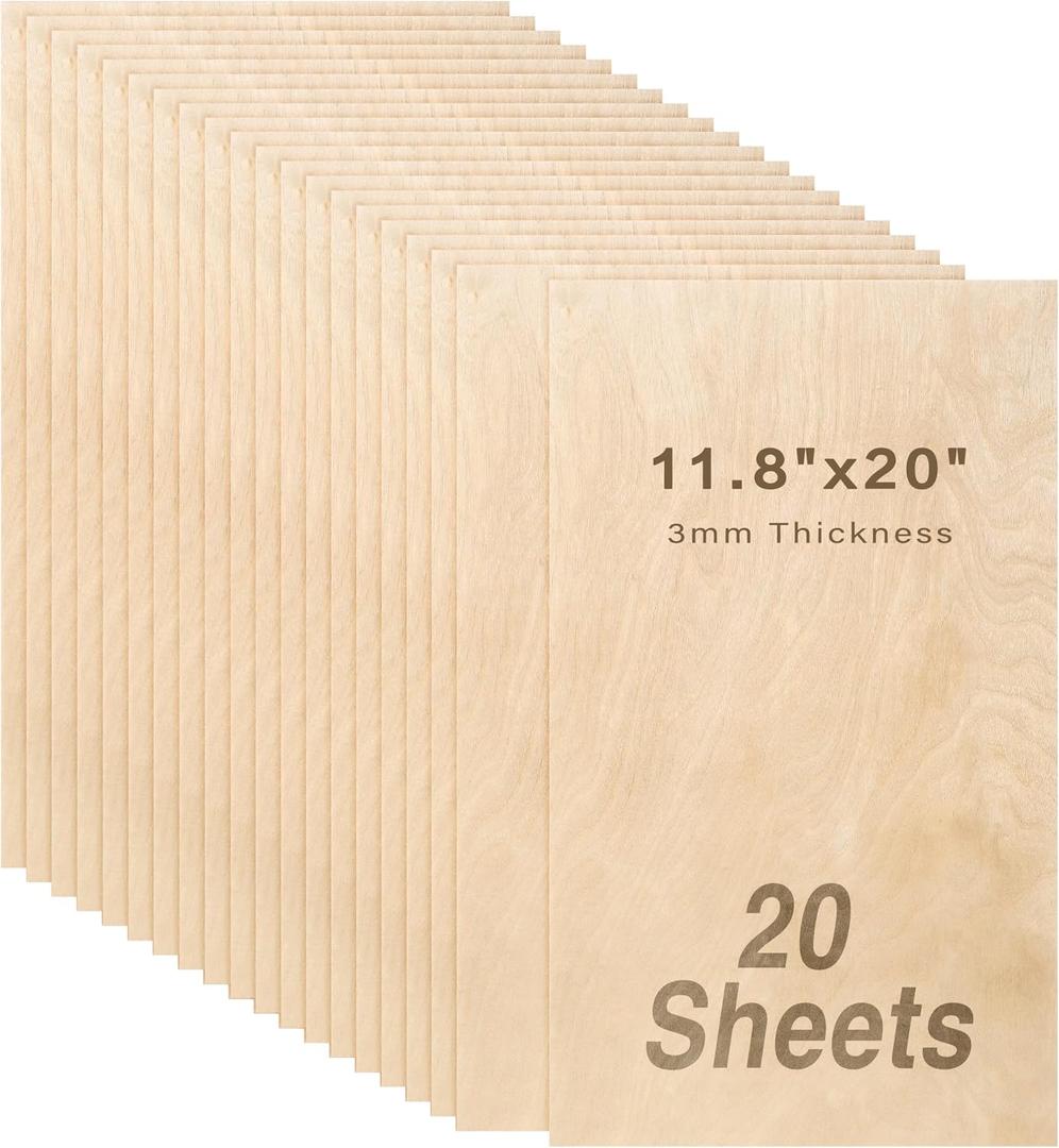 Baltic Birch Plywood 1/8, 12" x 20" x 3mm Wood for Laser Cutting and Engraving, Birch Wood Sheets for Art and Crafts - Pack of 20