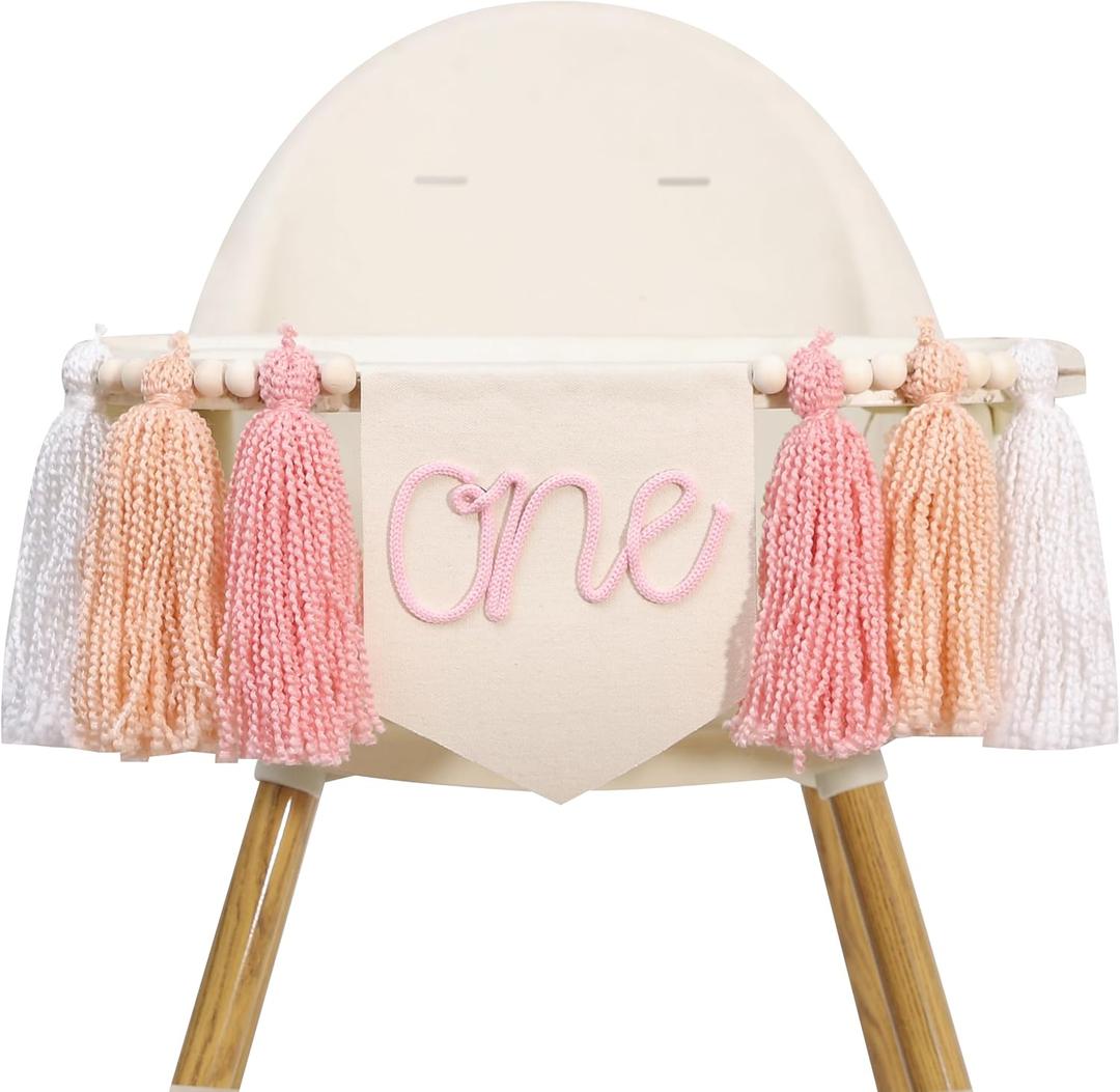 One Birthday High Chair Banner - Little Princess 1st Birthday Party Decorations,First Bday Pink Tassel Garland,Happy Cake Smash Hanging Banner,Photo Props for Highchair (Pink)