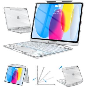 Auupgo Transparent Keyboard Case with Trackpad for iPad 11th Gen A16 (2025) & 10th Gen 10.9" (2022), 7-Color Backlit Wireless Bluetooth Keyboard with 360 Rotating Stand & Pencil Holder, White