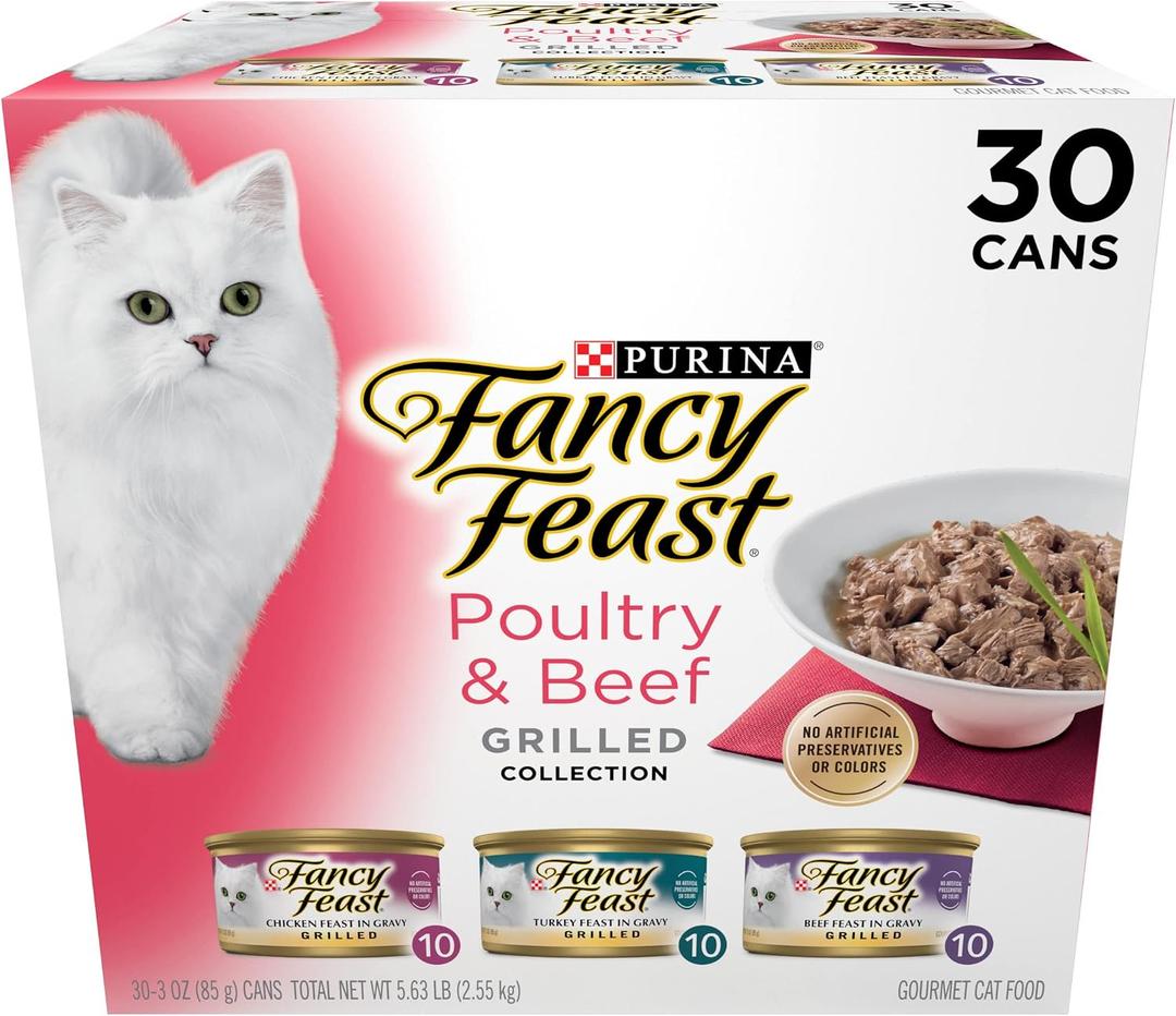 Purina Fancy Feast Grilled Wet Cat Food Poultry and Beef Collection Wet Cat Food Variety Pack - (Pack of 30) 3 oz. Cans (EXP 04/30/28)