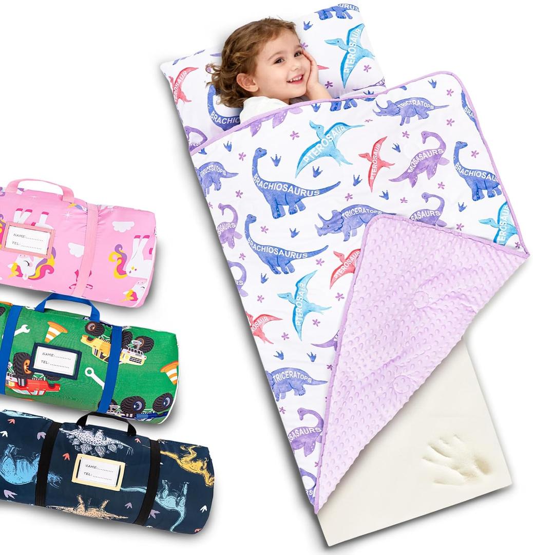 Primlect Toddler Thickened Foam Nap Mat with Pillow, Extra Large 55"x35", Soft, Supportive Sleeping Bag with Detachable, Washable Cover, for Sleepover, Home, Travel, Boys and Girls (Purple Dinosaur)