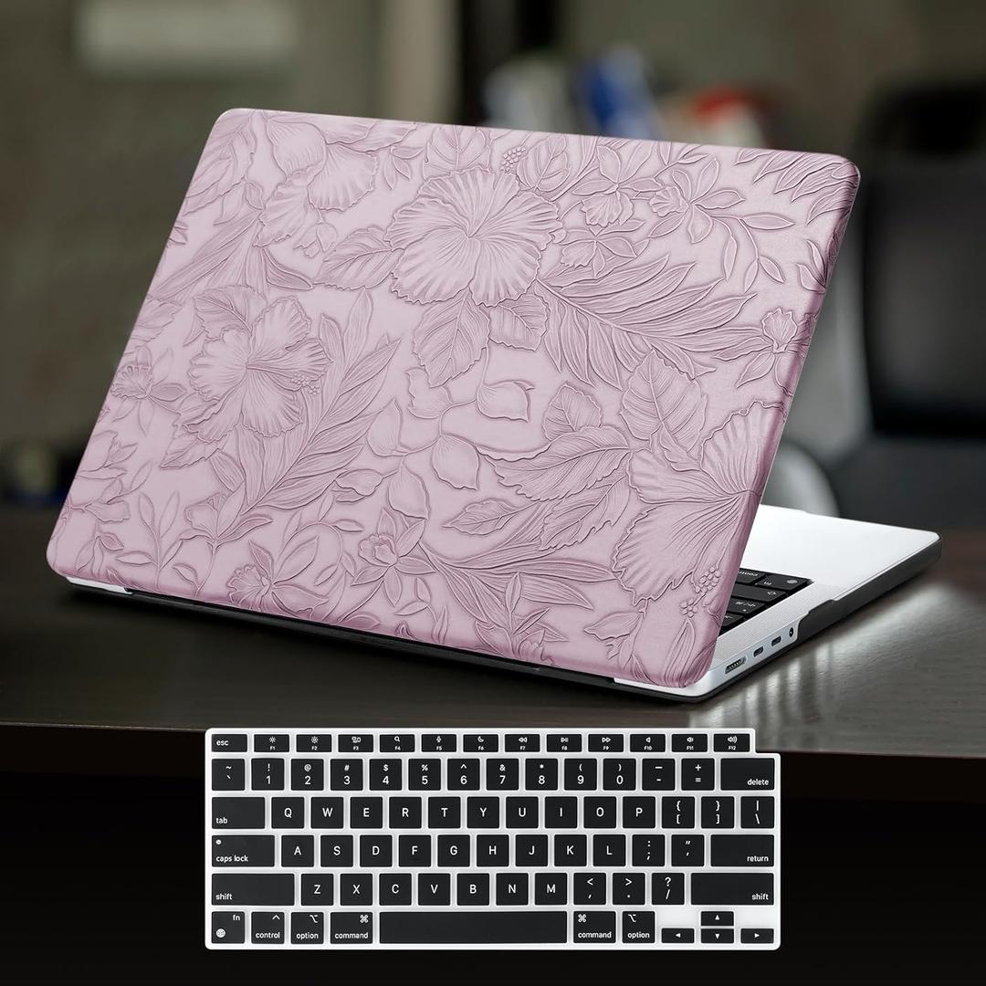 DTangLsm Compatible for MacBook Air 13 inch Case 2021 2020-2018 M1 A2337 A2179 A1932, Elegant Texture Leather Plastic Hard Shell Cover for MacBook Air 13.3 M1 Case+Keyboard Cover,Lilac Embossed Floral