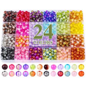 XSEINO 1200PCS 6mm Glass Beads Kit, 24 Assorted Crack Series Colorful Crystal Beads for Jewelry Making and DIY Crafts, Friendship Bracelets