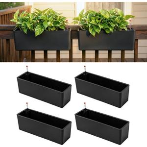 LaLaGreen Railing Planter Boxes (16 Inch, 4 Pack) Black Rectangular Plastic Window Box Planters with Self-Watering System Metal Brackets, Outdoor Plants Herbs Flowers Deck Balcony Fence Garden Decor