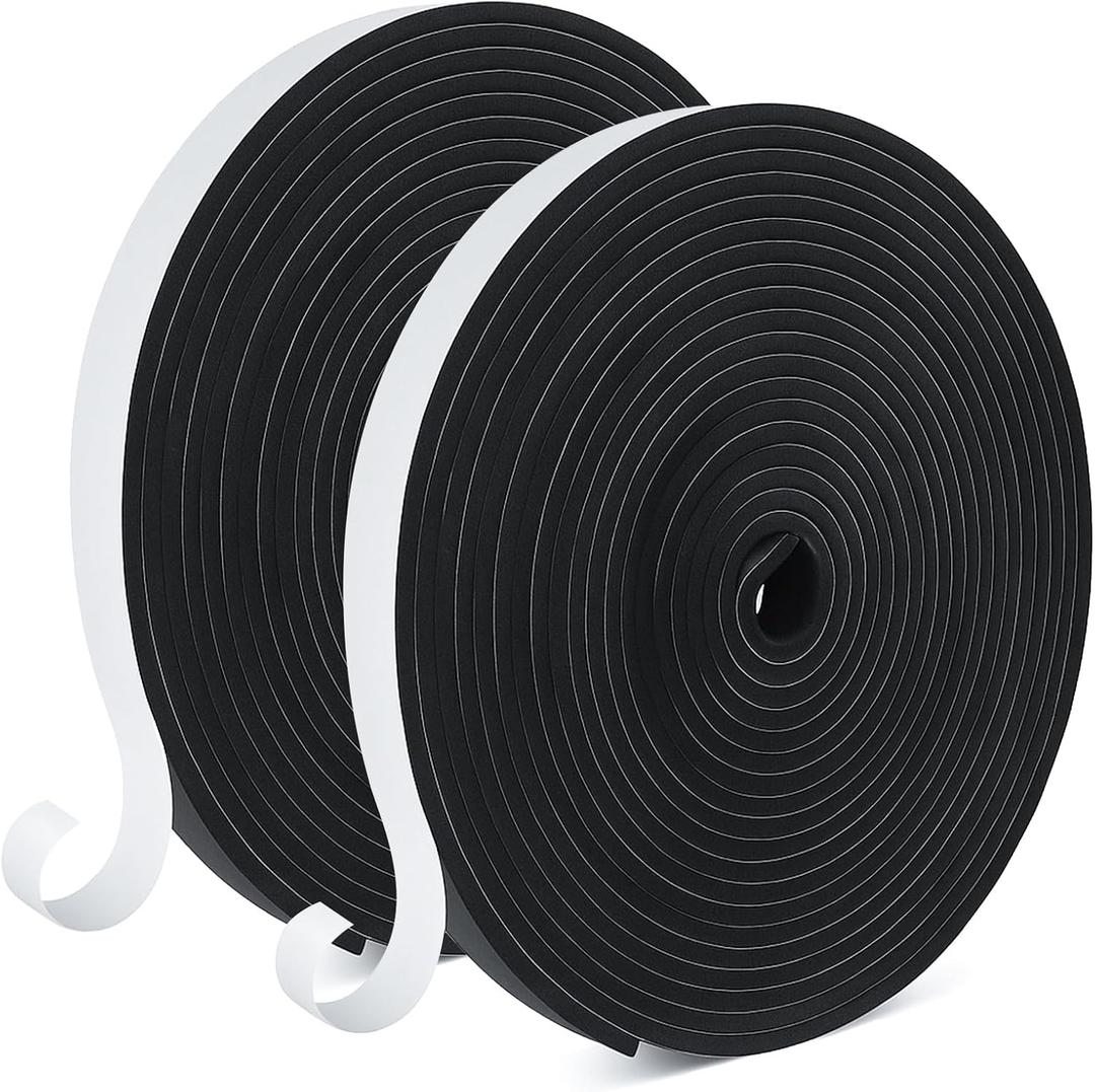 2 Rolls Weather Stripping Door Seal Black, 1Inch Wide X 1/4 Inch Thick, Strong Adhesion and High Resilience Air Conditioner Foam Insulation, Soundproof Tape Roll, 65Ft Long