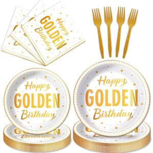 100Pcs Happy Golden Birthday Party Decorations White Gold Glitter Disposable Paper Plates Napkins Golden Birthday Girls Boys Men Tableware Set for 25 Guests Gold Baby Shower Party Supplies Favors
