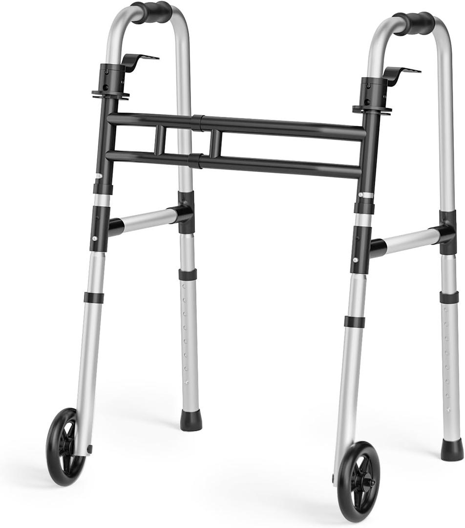 Loyoda Folding Walkers for SeniorsMedical Bariatric Walker Lightweight 5'' Front Wheel Walker Height and Width Adjustable Aluminum Standard Walker for Handicap (Silver)