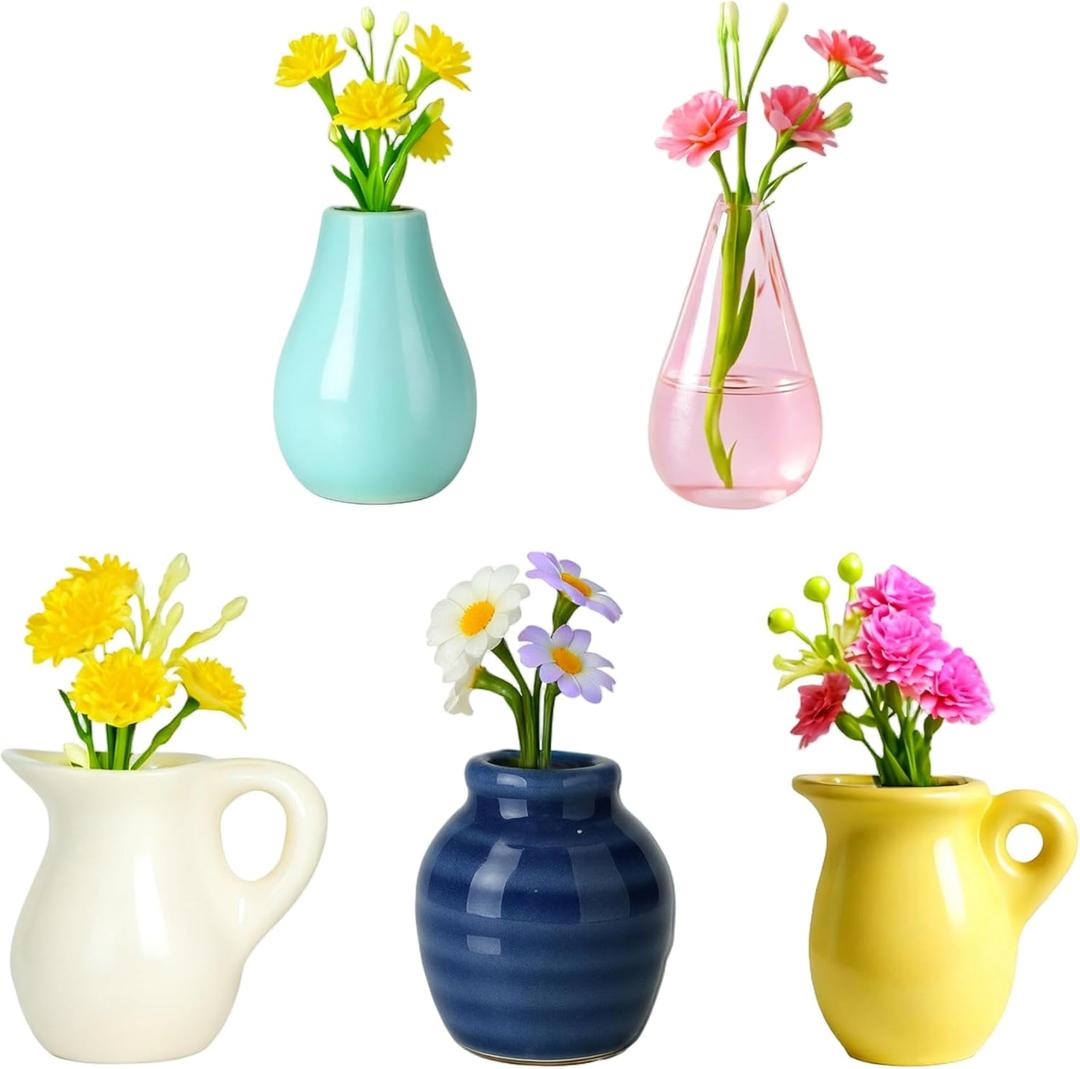 Mini Ceramic Vase Magnets for Fridge, Cute Tiny Plant Vase Fridge Magnets for Kitchen Refrigerator Office Locker Decoration with Fake Flowers (5 Pack)