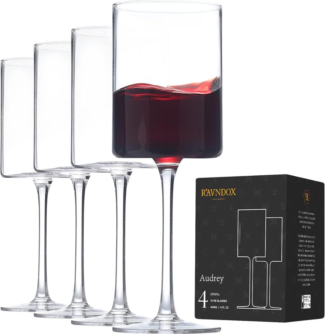 Square Wine Glasses, WG4 White or Red Wine Glasses Set of 4, 14 Ounce Hand Blown Edge - Modern Flat Bottom - Unique Large Goblets