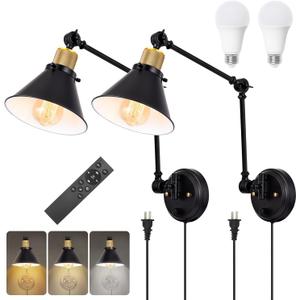 TRLIFE Dimmable Wall Sconce, Remote Control Plug in Wall Sconces Dimming 10%-100% and Adjustable Color Temperature 2700K-6000K, Swing Arm Wall Lights with Plug in Cord, UL Listed(2 Pack, 2 Bulbs) (2 Pack- (Remote+Bulbs), Black)