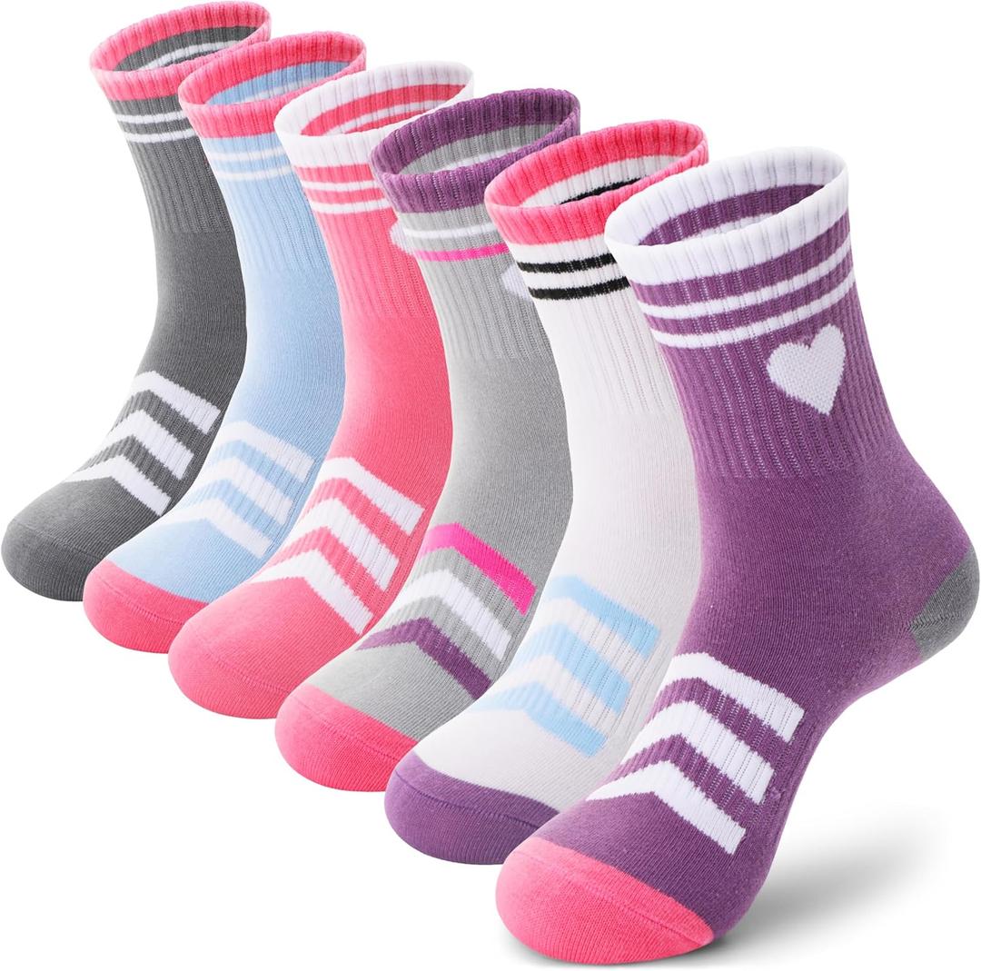 ANTSANG Kids Boys Girls Athletic Cotton Socks, Youth Teen Breathable Soft Crew Socks, 6 Pairs