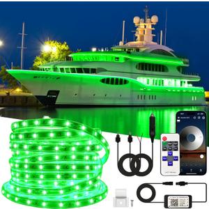 100FT Waterproof Marine LED Strip Lights with Remote, Pontoon Boat Lights App Control, 12V Interior LED Green Strip Lights for Boat, Night Fishing Lighting for Kayaks, Jon Boats, Decks and Bass boat