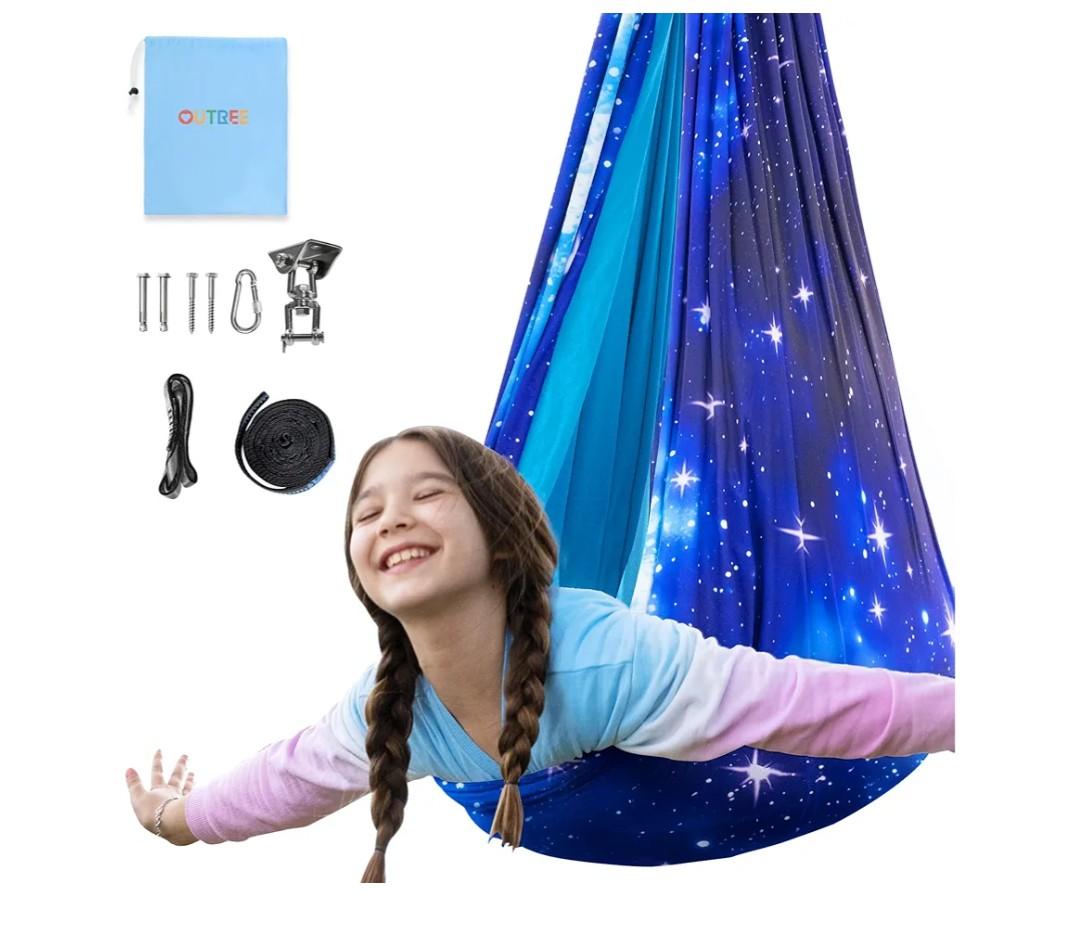 OUTREE Sensory Swing for Kids, Double Layer Therapy Hammock, Indoor Swing with 360° Swivel Hanger Kit and Adjustable Straps, Autism Sensory Product for Autism, ADHD (Blue Starry-Sky Printed)