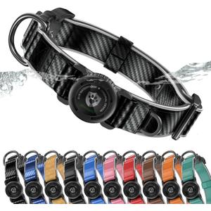 WhoseID AirTag Dog Collar, Waterproof Reflective Leather Dog Collar with AirTag Holder and Magnetic Buckle, Heavy Duty Pet Collar for Small Medium Large Dogs, Black
