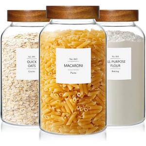 KEYWING 88oz Large Glass Jars with Airtight Acacia Wood Lids, Set of 3 Food Storage Containers for Flour, Sugar, Rice, Pasta, Cereal, Cookies  Includes 126 Labels