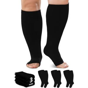 Plus Size Toeless Compression Socks 20-30mmHg Wide Calf for Men Women, Open Toe Stockings for Circulation, Edema, Varicose Veins, Nursing, Travel, Running(3 Pairs) (4XL, BLACK)