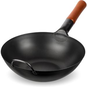 YOSUKATA 11.8" Carbon Steel Wok Pan Pre-Seasoned Flat Bottom Pow Wok for Stir Fry, BBQ, Grill & Camping Traditional Japanese Chinese Cookware Compatible with Induction, Electric, Gas, Open Fire