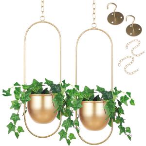 Shineloha 2 Pack Gold Hanging Planter with 5.5" Pot, Gold Plant Hanger, Large