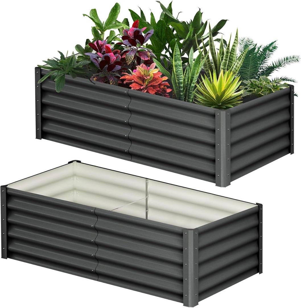 GarveeHome 6 * 3 * 1.5FT Raised Garden Bed Kit, Galvanized Raised Garden Beds Outdoor for Gardening, Above Planter Boxes, Large Garden Bed for Vegetables, Fruits, Dark Grey, 2 Pcs