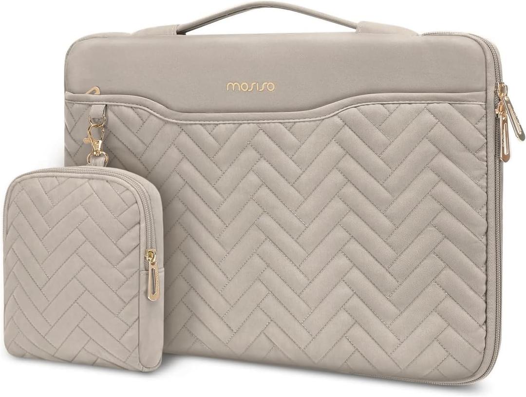MOSISO 13.3 inch 360 Protective Laptop Case, 13-13.3 inch Laptop Sleeve Compatible with MacBook Air/Pro 13 13.6/Pro 14, HP Dell ASUS, Rectangle Quilted Bag with Handle&Pocket&Small Case, Taupe Brown