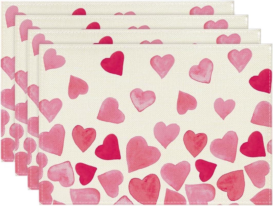 Artoid Mode Pink Watercolor Love Valentine Placemats Set of 4,12x18 Inch Wedding Holiday Table Mats for Party Kitchen Dining Decoration