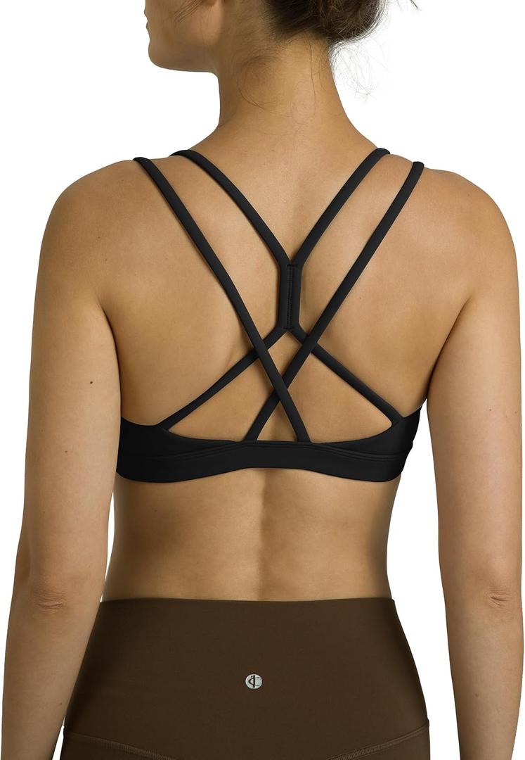 Colorfulkoala Women's Dreamlux Strappy Sports Bra Crisscross Back Yoga Tops with Molded Foam Cups (Black)
