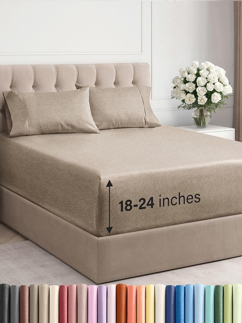 Extra Deep Pocket Queen Sheet Set - 4 Piece Breathable & Cooling Bed Sheets - Hotel Luxury Sheet Set - Soft, Wrinkle Free and Comfy - Fits Extra Deep Mattresses - Deep Pocket Heathered Beige Sheets
