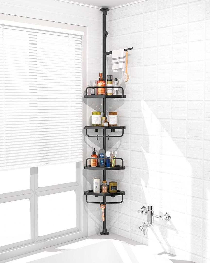 ADOVEL 4 Layer Corner Shower Caddy, Stainless Steel Constant Tension Pole Shower Organizer, Adjustable Corner Shower Shelf, Rustproof 3.3 to 9.8 ft (Black)