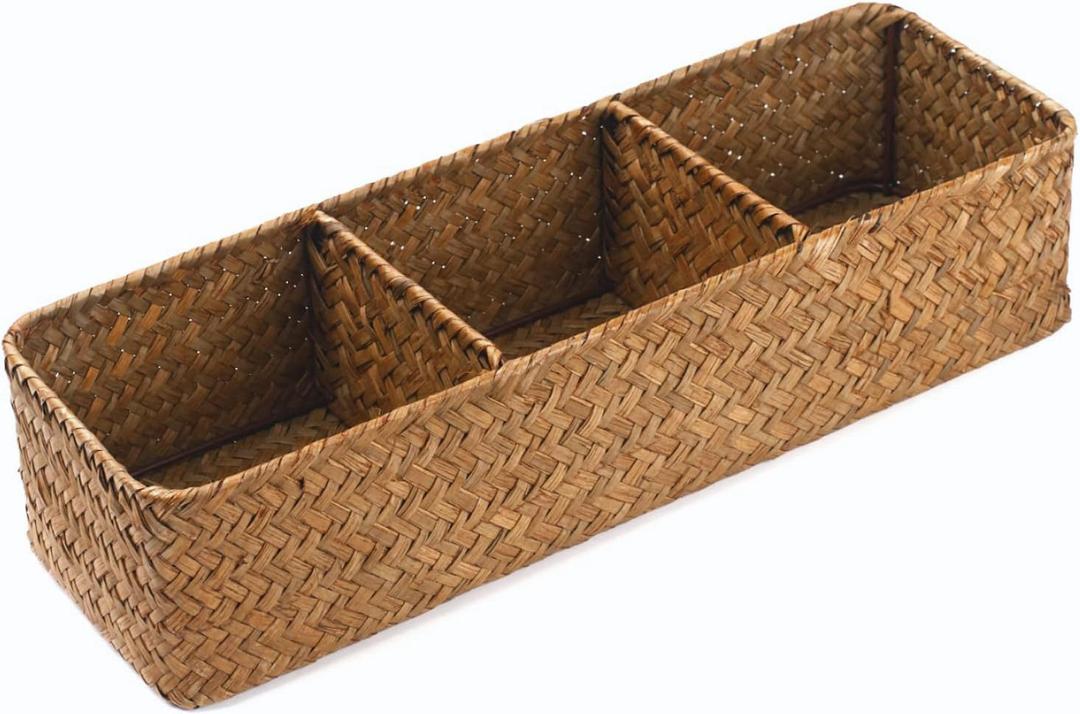 Seagrass Storage Basket for Bathroom, Toilet Tank Topper, Wicker Woven Storage Basket (16.5" x 5.5" x 3.5")