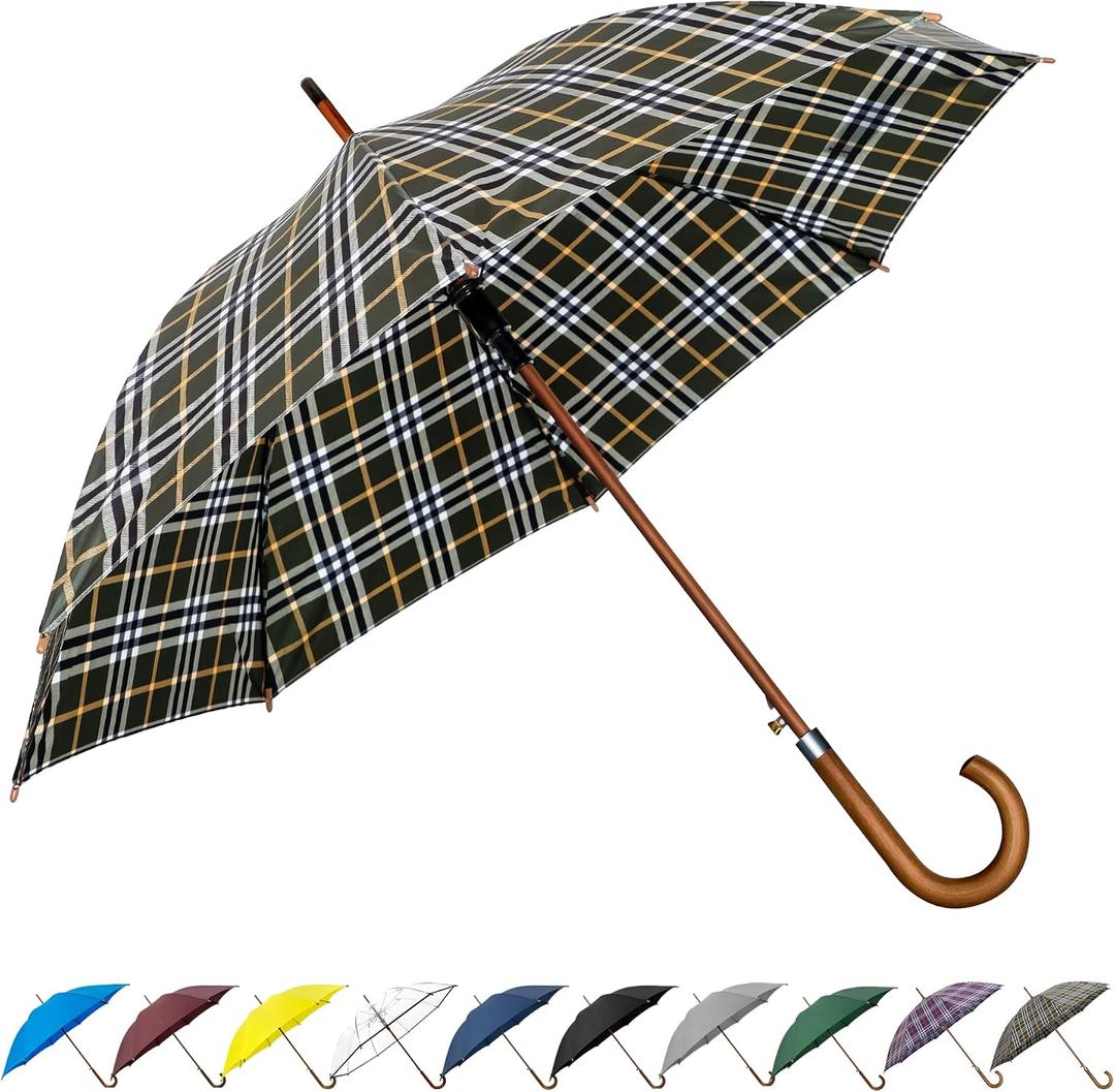 SoulRain 48" Large Umbrella Windproof Stick Umbrellas for Rain, Automatic Open, Vintage Cane big Umbrella with Classic Wooden Handle,Open for 2 Persons adult,for Women & Men(Green Yellow plaid)