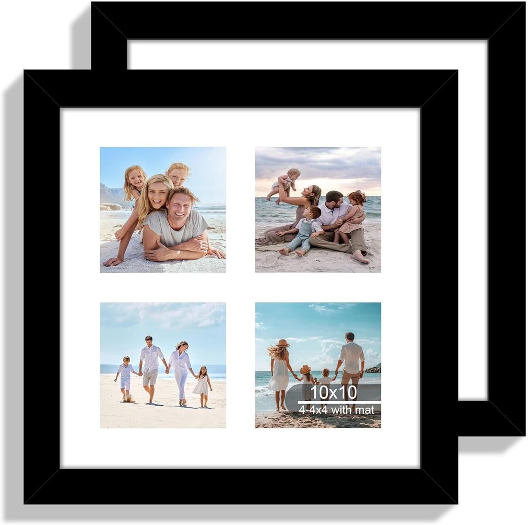 Hongkee 10x10 Picture Frame Set of 2, Real Glass and Black Collage Frame, Display Pictures Four Opening 4x4 With Mat or 10 x 10 Without Mat for Wall Hanging or Tabletop