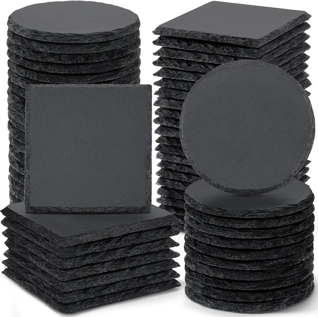 60 PCS Slate Stone Coasters Bulk, MAPRIAL 4 Inch 30 PCS Black Square and 30 PCS Round Handmade Drink Coasters for Laser Engraving, Engravable Blanks Material for Engraver, Home Decor, Gifts