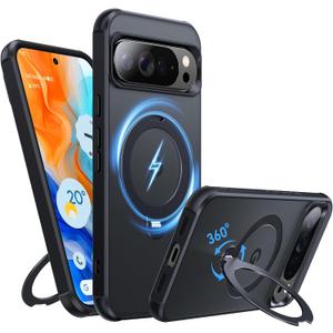 360 Spin Magnetic Stand for Google Pixel 10 Pro XL Case, Fit for Magsafe, 4X Mil-Grade Protection, Anti-Fingerprint, Non-Slip Shockproof Slim for Pixel 10 Pro XL Phone Case with Kickstand, Matte Black