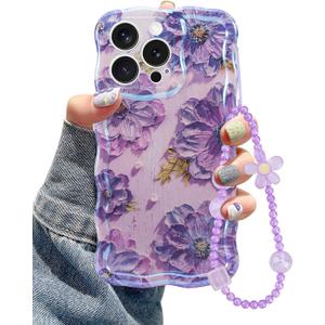 Jusy Compatible with iPhone 11 Pro Max,with Bracelet Chain, Colorful Retro Oil Painting Printed Flower Laser Glossy Pattern Cute Curly Wave Phone Case Soft TPU Cover for Girly Women - Purple