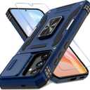 DEERLAMN Case for Samsung Galaxy S24 6.2-Inch with Slide Camera Cover+Screen Protector(1 Pack), Rotated Ring Kickstand Military Grade Shockproof Protective Cover-Navy Blue