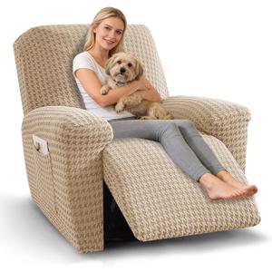MAXIJIN Recliner Chair Cover, 3-Pieces Stretch Recliner Covers for Reclining Chair Slipcovers Washable Lazy Boy Furniture Protector with Pocket & Elastic Band (Khaki)