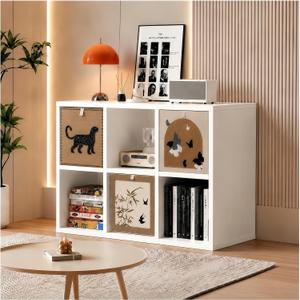 Solid Wood white 6 Cube Storage Organizer Shelf with 3 Bins,Low Bookcase, 35.5″ x11.8″ x29.6″