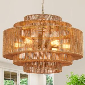 Hand-Woven Rattan Chandelier Large Boho Chandelier Living Room 25.6in Coastal 6-Light Farmhouse Vintage Wicker Bamboo Chandeliers for Bedroom Dining Room Stairway